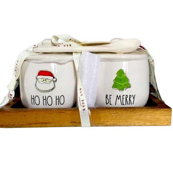 Rae Dunn Christmas "HO HO HO" and "BE MERRY" Jam and Jelly Set w/ Spoons… - Picture 1 of 4